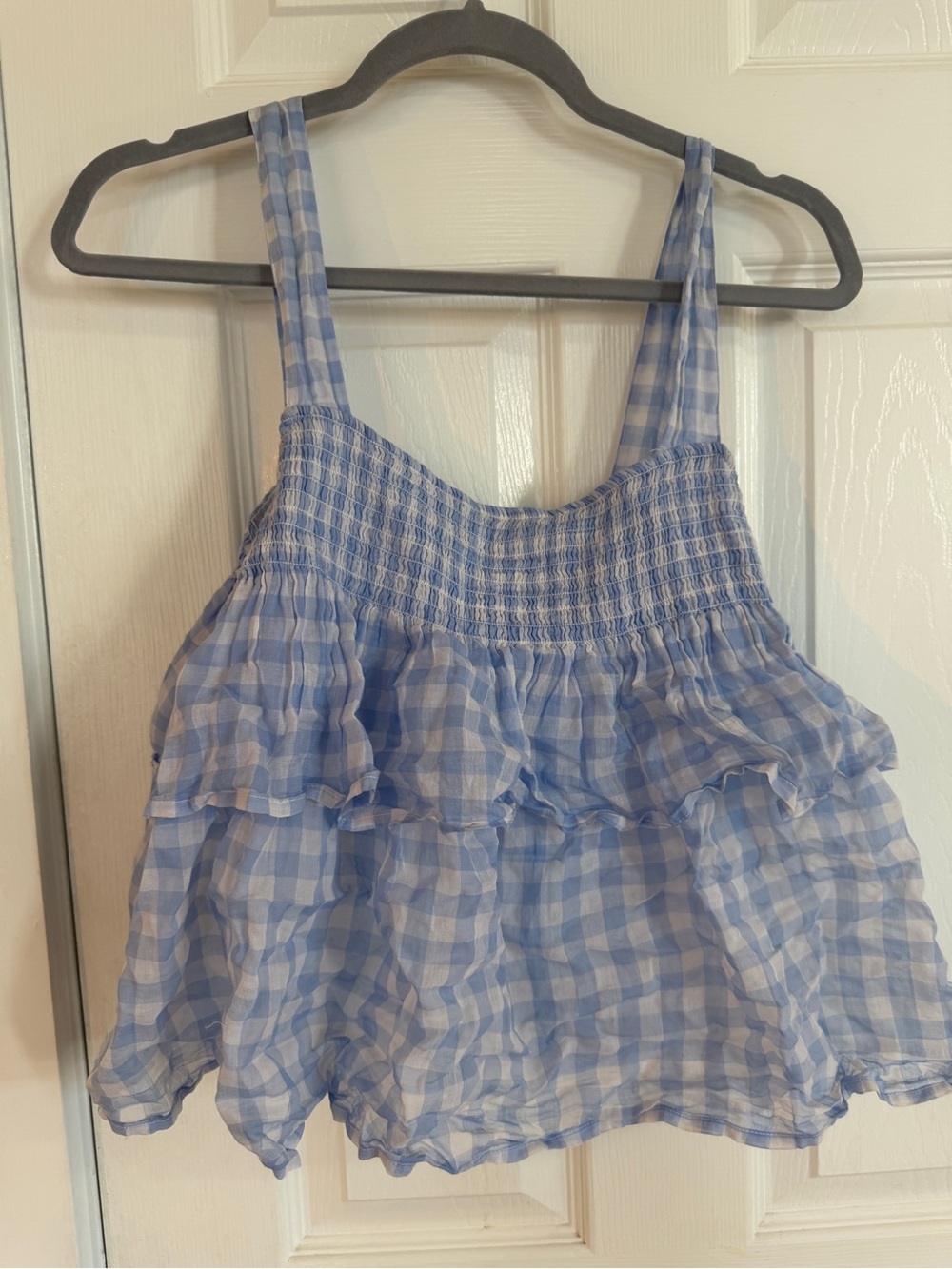 Rebecca Minkoff Light Blue Gingham Smocked Ruffle Camisole